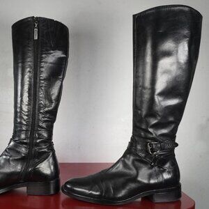 Women's Geox Black Leather Knee High Riding Long Tall Low Heel Fashion Boots 7.5